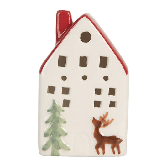 Casetta in ceramica bianca con cervo e pino con LED, h 10 cm