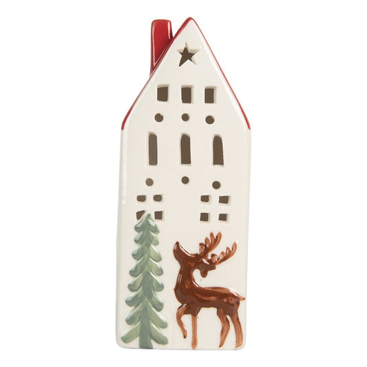 Casetta in ceramica bianca con cervo e pino, luce led, h 19 cm