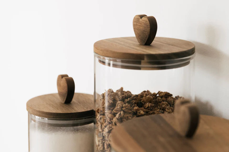 Barattolo in vetro 1 KG, con coperchio in legno, 1,5 lt, 12x12x20 cm