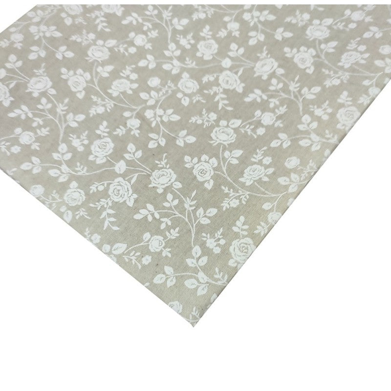 Tovaglia beige con rose bianche 12 p. 140x230 cm